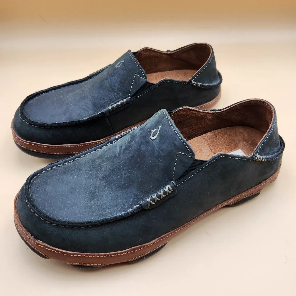 Olukai Moloa Mens Black Leather Slip On Casual Loafer Shoes 8.5 Suede 10128 4033